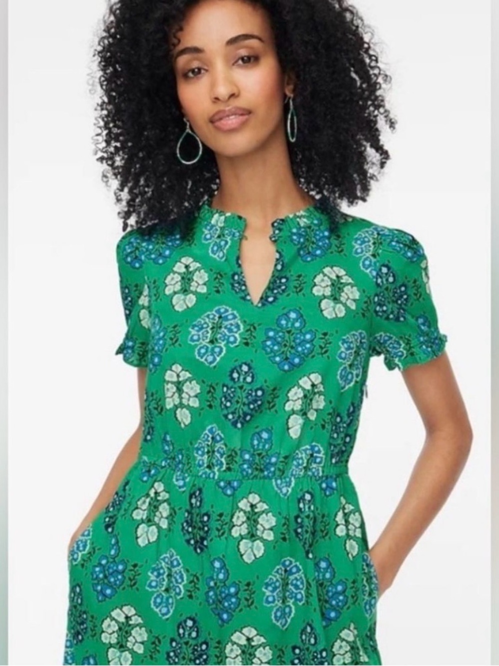 J. Crew Green Floral-Print Short Sleeve Midi Dress - Size 2 - Picture 2 of 5